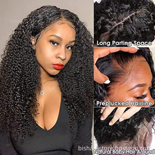 Front Lace Wig Real Human Hair Kinky Curly Hair Real Human Hair Brazilian Wet Waves HD Lace Front Wig 150% Density Natural Black